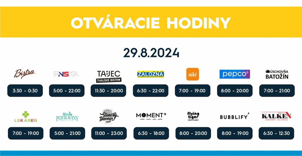 otváracie hodiny prevádzok na stanici dňa 29.8.2024